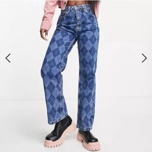The Ragged Priest Argyle Print High Waist Straight Leg Dad Jeans